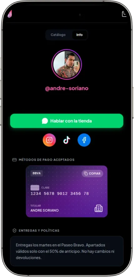 Información pública de una tienda NeniShop con contacto, redes y políticas
